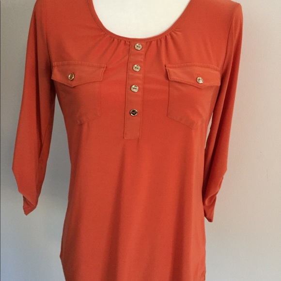 Tops - Orange blouse with gold buttons, 3/4 sleeves
